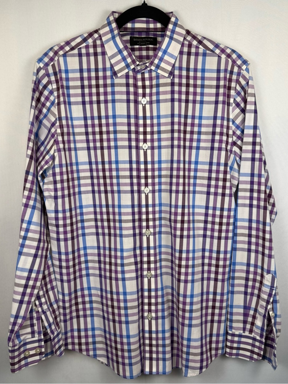 Banana Republic Purple Blue Plaid Non-Iron Slim Fit Shirt Medium